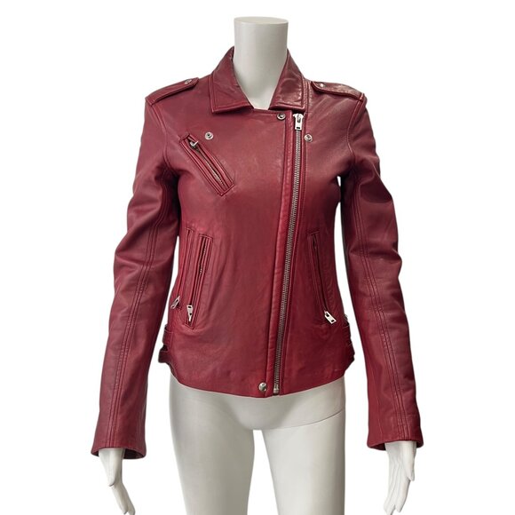 $1200 IRO Red Leather Han Slim Cropped Zip Moto Jacket size 2/IT 38 - Picture 3 of 15
